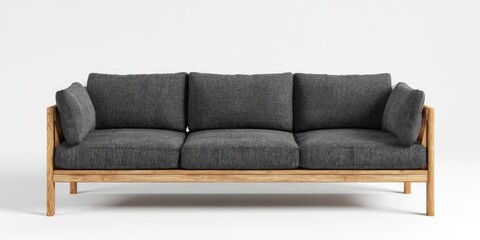 Simple, modern gray fabric sofa with light wooden frame