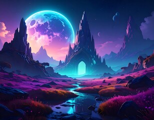 Fototapeta premium Cosmic landscape, vibrant colors, otherworldly