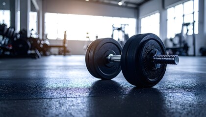 A single dumbbell resting on a gym floor, with a blurred background of a fitness center bathed in warm, sunlit atmosphere.