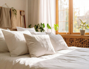 Cozy Bedroom Interior with Bright Morning Light Reflecting on White Pillows