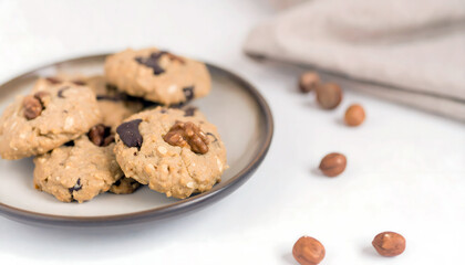 Homemade Oatmeal Chocolate Chip Cookies with Walnuts on a Rustic Plate