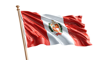 A waving peruvian flag on a golden pole against a black background with a coat of arms in the center