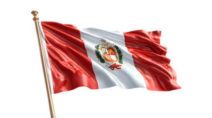 A waving peruvian flag on a golden pole against a black background with a coat of arms in the center