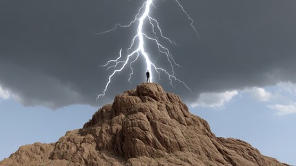A person standing on a rocky hilltop beneath a lightning storm in a cloudy sky