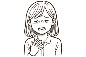 Line drawing depicting a young woman grasping her throat, experiencing discomfort from nausea and a sore throat, conveying feelings of illness and unease