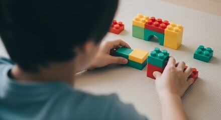 Child playing with colorful building blocks on white surface indoors