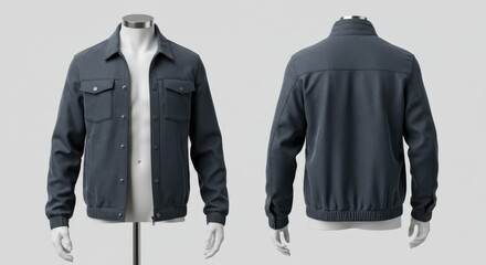 Stylish Charcoal Gray Men's Trucker Jacket on a Mannequin, Front and Back View