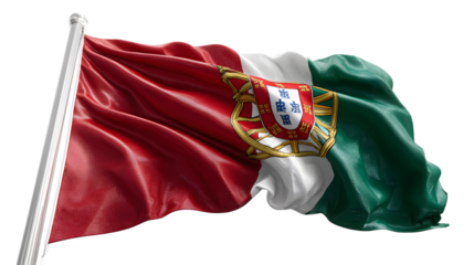 A portuguese flag waving gently in the breeze against a black background with a white flagpole