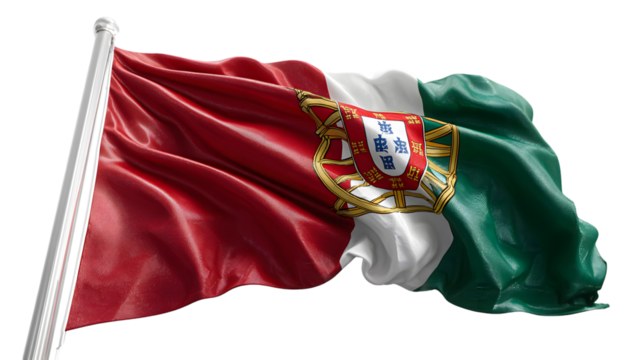 A portuguese flag waving gently in the breeze against a black background with a white flagpole