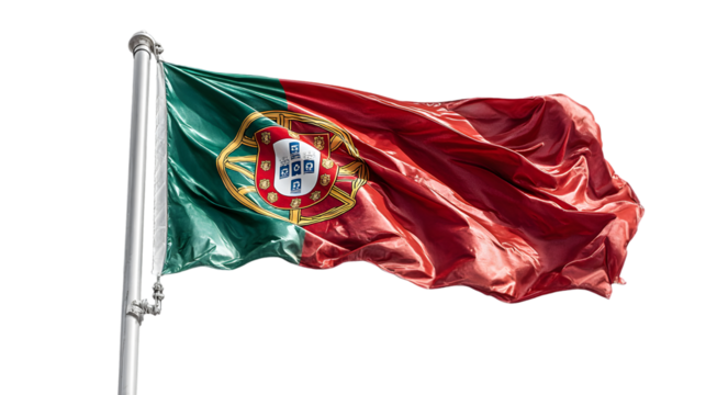 Portuguese flag waving in the wind on a silver flagpole against a black background in bright sunshine