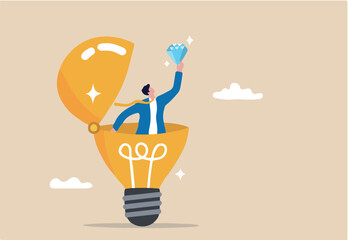 Business value, discover opportunity or benefit from idea, quality measurement or search for brilliant idea worth concept, businessman discover valuable priceless diamond from bright lightbulb idea