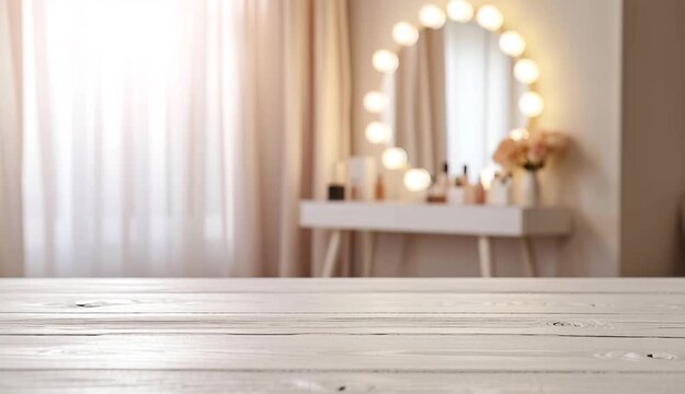 A bright and clean makeup studio setting with a rustic white wooden mirror table top in the foreground. Defocused makeup mirror in dressing room
