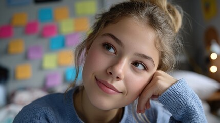 A dreamy portrait of a young woman lost in thought, her gaze drifting upward, a hint of a smile playing on her lips, surrounded by colorful sticky notes.