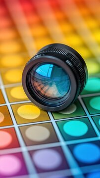 Explore creative vision with a camera lens on a vibrant color palette, inspiring design and photography projects.