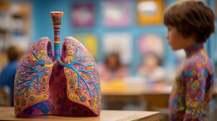 Medium shot of a child peering through a lungshaped window on a colorful body model highlighting a century and a half of medical progress with outoffocus classroom activity behind.