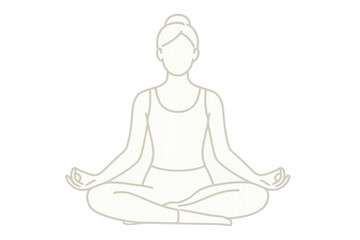 Serene female yogi sitting in lotus pose, meditating with closed eyes, radiating inner peace on minimalist white backdrop