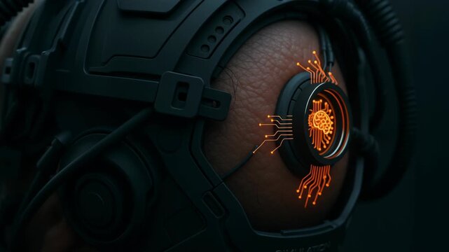 Cybernetic implant with glowing neural circuit merges bio engineering innovation and futuristic technology enhancing brain machine interface design