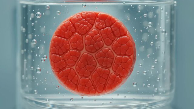 Red bio sample with cellular structure floating in clear liquid bubbles representing science innovation in bioengineering and cellular research