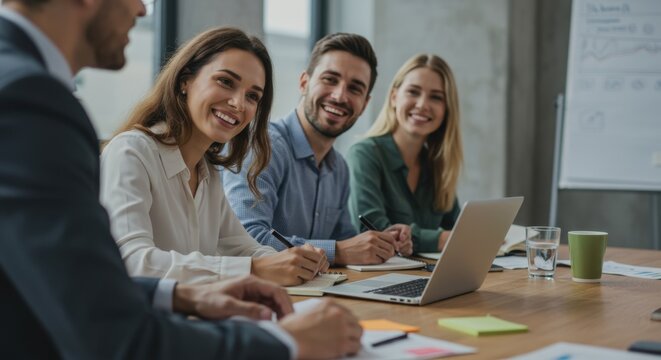 Team of smiling business professionals listening to a presentation during a collaborative meeting in a modern conference room
