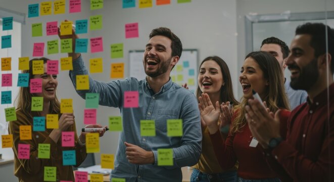 Diverse group of colleagues celebrating a successful project, laughing and clapping at a glass wall full of sticky notes. - Powered by Adobe