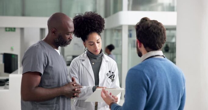 Doctor, hospital manager and nurse in meeting together for feedback, report or review of healthcare. Administration, clipboard and talking with medical people in clinic for discussion or planning