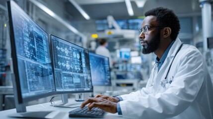 Medical IT professional integrates diverse hospital databases testing connectivity and data flow efficiency within a hightech health informatics workspace.