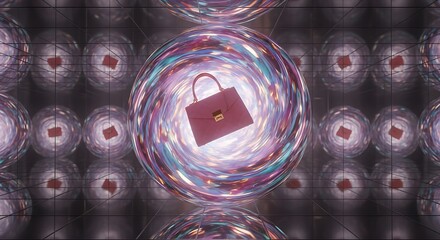 Mystical Handbag Display: A vibrant and ethereal scene unfolds as a luxurious handbag levitates within a glowing orb. This image is imbued with an atmosphere of opulence and fascination.