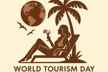 World Tourism Day 2025 poster in Mocha Mousse trendy 2025 color with a woman relaxing on a sun lounger under a palm tree holding a cocktail, with a view of planet Earth and seagulls in the sky
