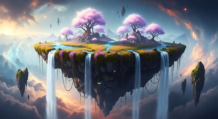 Fantasy Island: A whimsical depiction of a floating island, adorned with vibrant trees, cascading waterfalls, and a mesmerizing sky, a place where imagination takes flight.