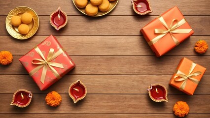 Diwali gift boxes, sweets, marigolds, and diyas on wooden flatlay