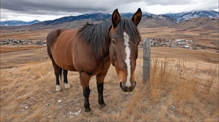 Obraz premium A brown horse standing in a vast open field with mountains in the background
