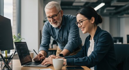 Obraz premium Experienced senior businessman mentoring a young female colleague, working together on a laptop in a modern office.