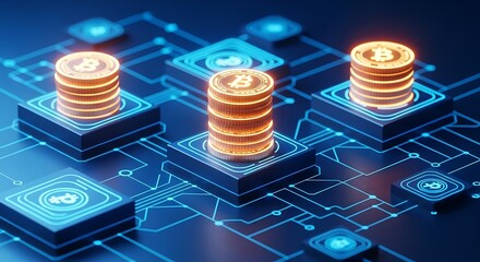 Bitcoin Stacks on Digital Circuitry: A visual representation of cryptocurrency's core, bitcoin coins meticulously stacked, resting upon intricate circuit boards.
