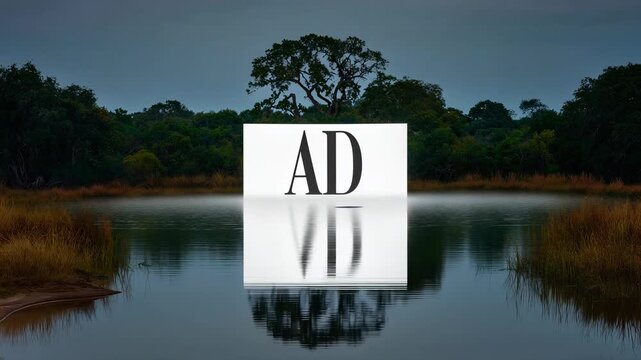 White sign with word AD floating on misty lake with reflection and trees on moody background