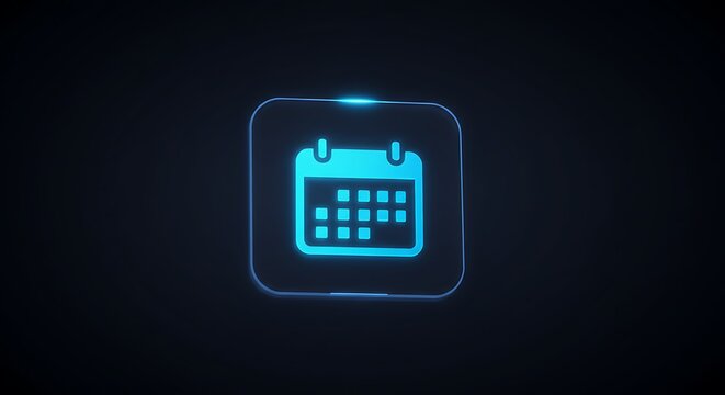 Futuristic glowing calendar icon in blue hologram style on black background