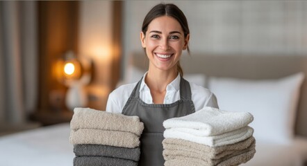 Smiling housekeeper holding fresh towels in hotel room for hospitality service. 
