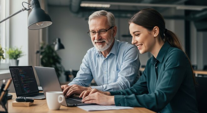Experienced senior businessman mentoring a young female colleague, working together on a laptop in a modern office.