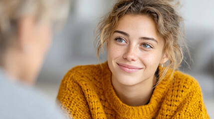 Young caucasian female in cozy sweater smiling warmly indoors