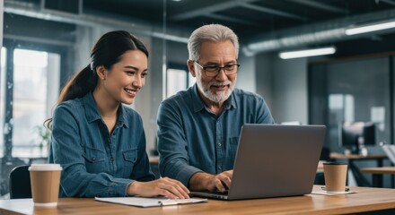 Obraz premium Experienced senior businessman mentoring a young female colleague, working together on a laptop in a modern office.