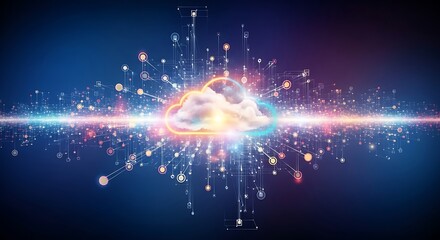 Digital Cloud Innovation: A vibrant representation of cloud computing technology, with glowing lines connecting to a central cloud icon, symbolizing interconnected data and modern advancements.