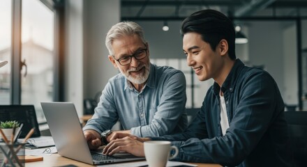 Experienced senior businessman mentoring a young female colleague, working together on a laptop in a modern office.