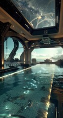 Sci-fi interior scene with arched doorways opening to a watery landscape and starry sky