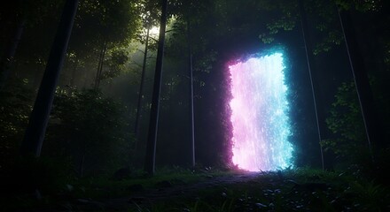 Mystical Portal in Forest: An ethereal, neon-lit gateway shimmers amidst the shadowy depths of a lush forest, creating an atmosphere of otherworldly wonder and mystery.