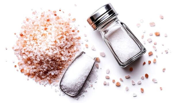 Gourmet pink Himalayan salt crystals spill from scoop beside shaker, enhancing culinary creations