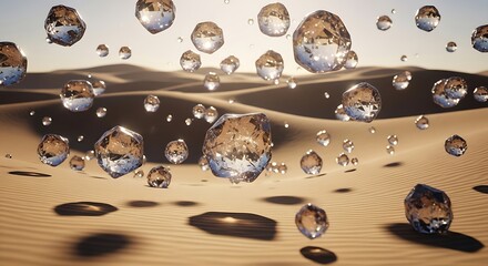 Water Drops Mirage: An otherworldly desert landscape with shimmering water droplets suspended in mid-air, showcasing a surreal and evocative blend of nature's elements.
