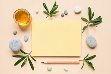 Flat lay of a blank yellow notepad surrounded by natural elements and a pencil