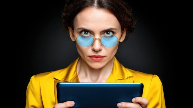 Woman with blue sunglasses and yellow blazer holding a tablet looking intently at the camera