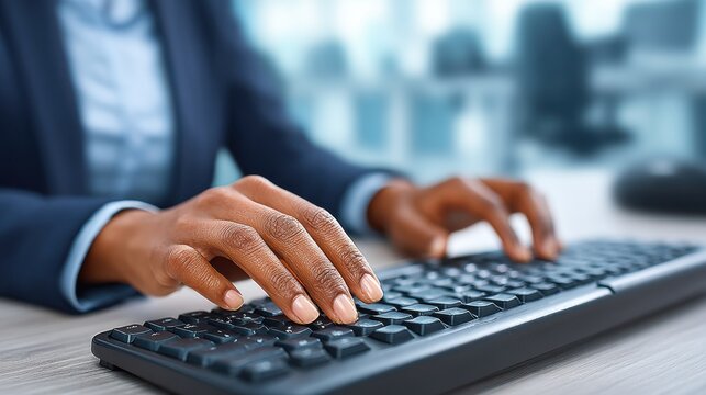 A person in business attire typing on a computer keyboard in an office setting