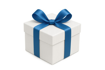 Obraz premium Pristine white gift box, blue ribbon-wrapped, resting on clear surface, ideal for festive gifting moments and celebrations