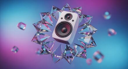 Audio Gem: A sleek audio speaker, set amidst sparkling gemstones, against a vibrant and luminous background. showcasing the intersection of technology and luxury.